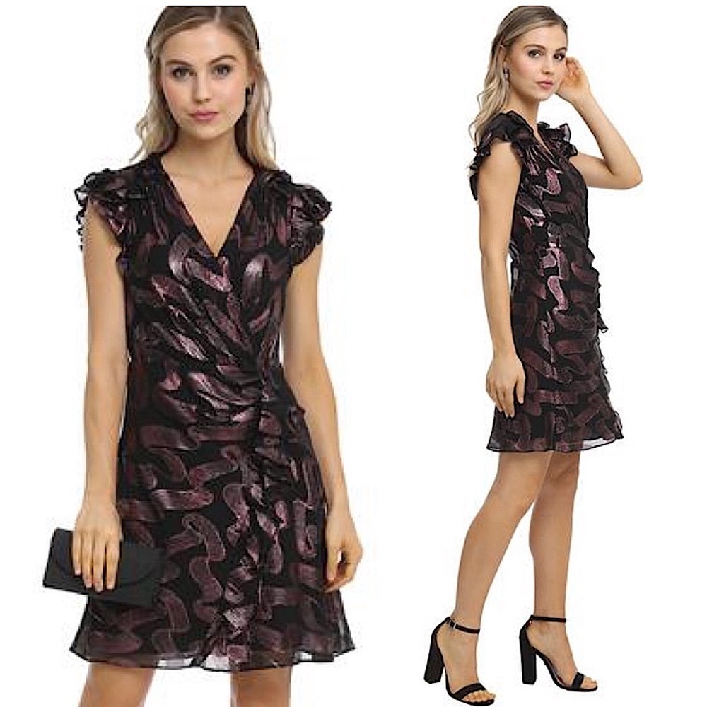 Rebecca Taylor Silk Faux Wrap Metallic Purple Black LUREX JACQUARD MINI nwot